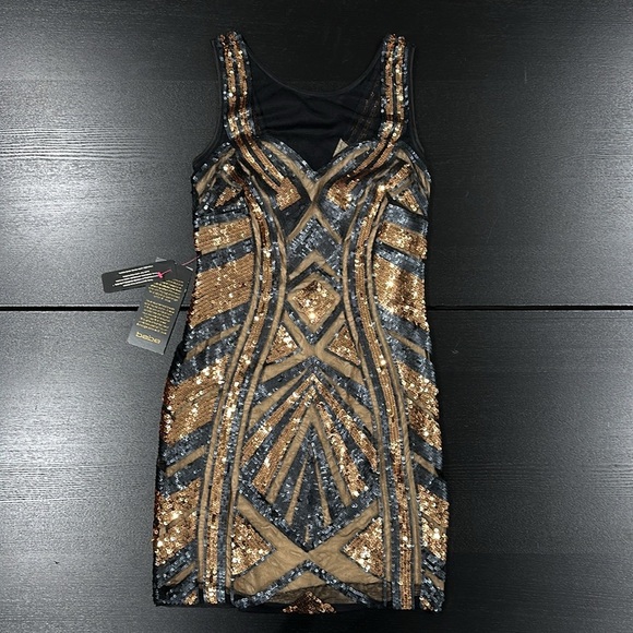 Bebe Black Gold Copper Geometric Sequin Mesh Bodycon Dress Size XS - Picture 2 of 10